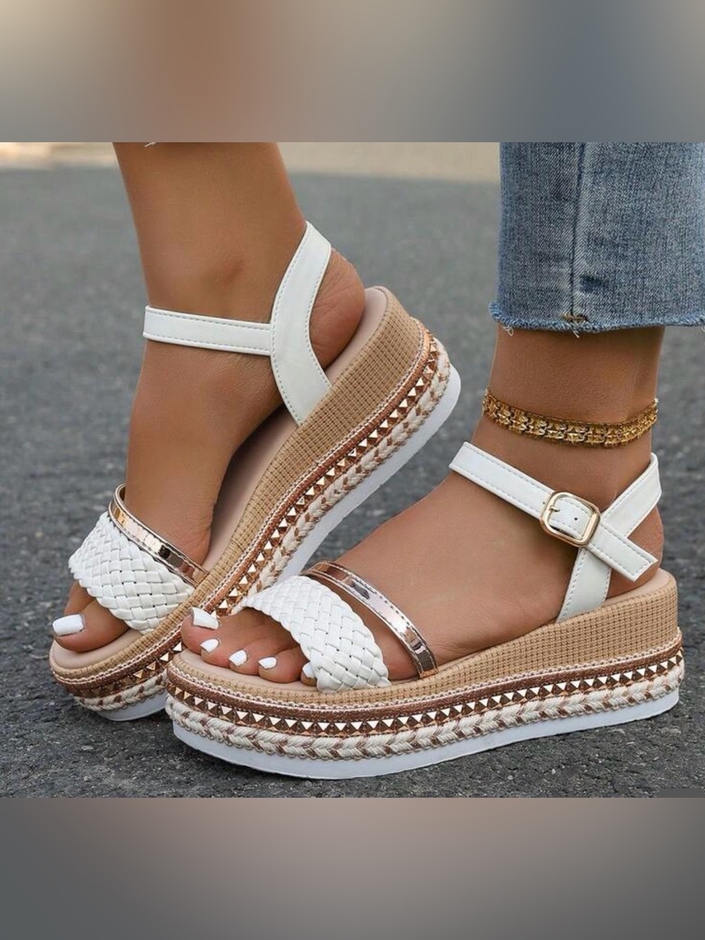 White Braided Platform Sandals with Rose Gold Accent
